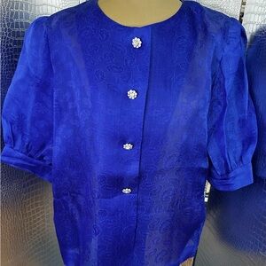 Givenchy Glamour Vintage Royal Blue Paisley Puffed Sleeves Blouse Size 13 Japan
